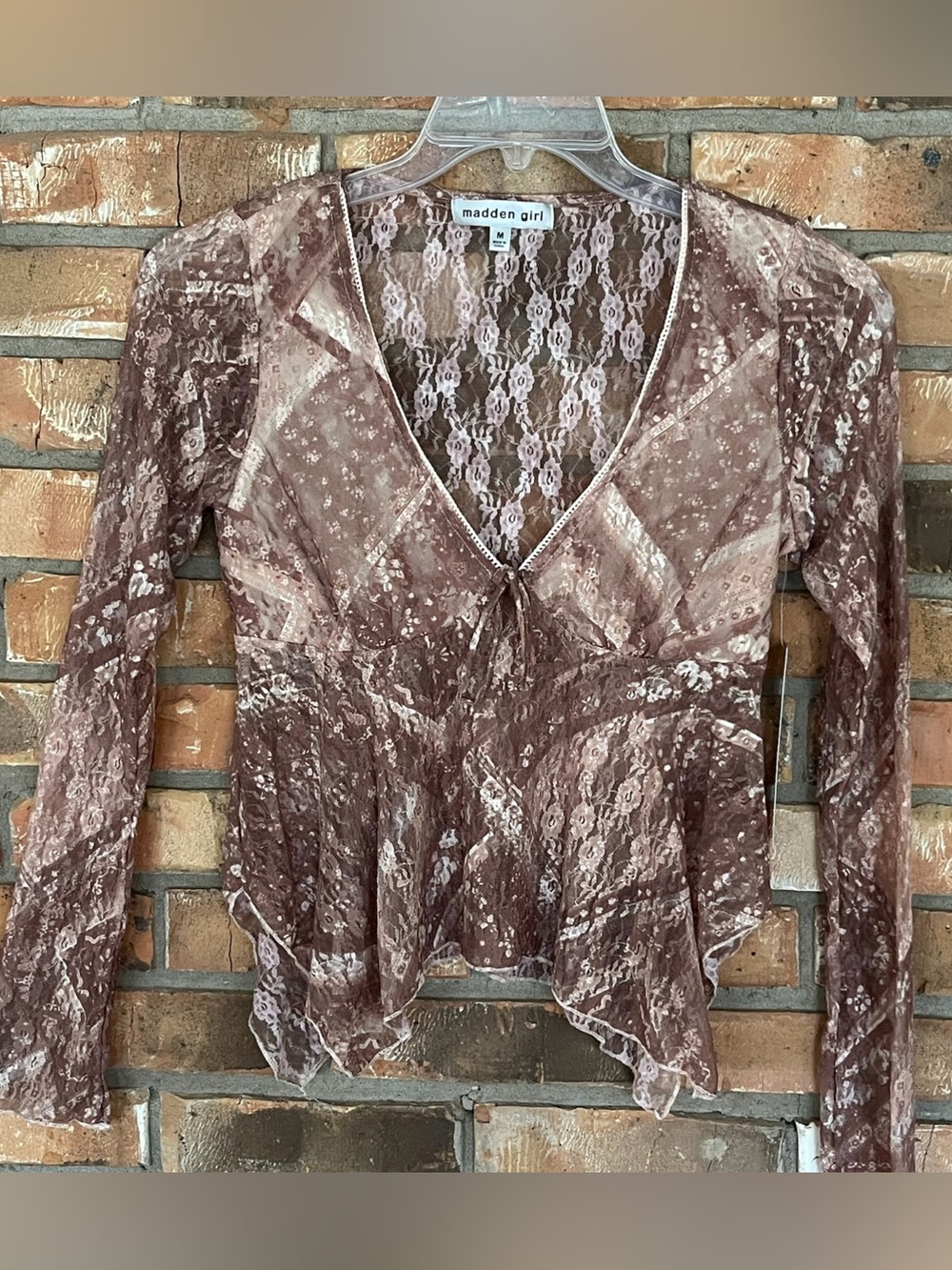 Madden Girl Brown Sheer Lace V-Neck Tie Front Top Medium NWT Y2K Boho Peplum